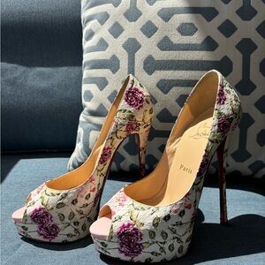 Christian Louboutin Peep Toe 150 Floral Snakeskin Platform Pumps AUTHENTIC